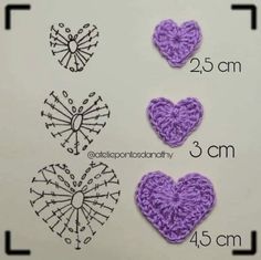 three crocheted hearts are shown in different sizes and shapes, along with the measurements for each heart