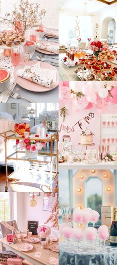 a collage of pink and gold desserts, cakes, and other items on display