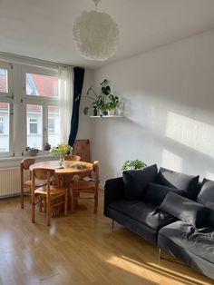 a living room filled with furniture next to a window covered in plants and potted plants