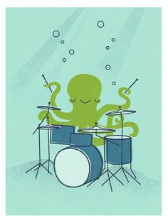 an octopus is playing drums in front of a drum set