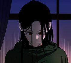 an anime character with long black hair staring at the camera while standing in front of a window