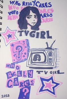 a spiral notebook with various stickers and writing on the cover that says, who red flags who makes tv girls?