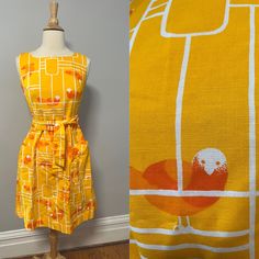 Vintage 60s Malia Honolulu yellow bird print wrap dress. Adorable sunny 60s Malia Honolulu wrap dress, featuring mod, midcentury bird print. Wrap style closure, deep v back, hits above knee, fit and flare silhouette, large patch pockets on front, lined.  Perfect with some flat sandals or espadrilles. Malia has the best prints and I am always surprised at just how many, and they all seem one of a kind!  100% cotton, size 8, but would best fit up to a size 2/xsmall/small, please see measurements. Mid-century Yellow Dresses For Spring, Mid-century Yellow Spring Dresses, Gloria Steinem, 60s Mod, Yellow Bird, Printed Wrap Dresses, 1960s Fashion, Bird Print, Vintage 60s