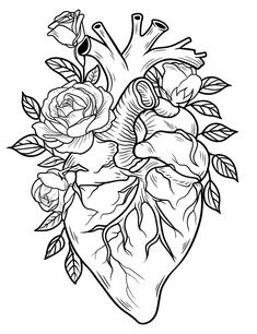 a drawing of a heart with roses and leaves on the side, in black and white