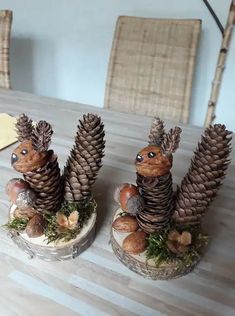 two small pine cones sitting on top of a wooden table