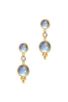 Temple St. Clair - 18K Gold Moonstone & Diamond Double Drop Earrings | Mitchell Stores Celestial Round Earrings For Formal Occasions, Celestial Style Round Formal Earrings, Celestial Style Round Earrings For Formal Occasions, Formal Celestial Round Earrings, Elegant Yellow Gold Moon Phase Earrings, Elegant Blue Moon-shaped Jewelry, Elegant Moonstone Earrings With Gemstone Accents, Elegant Moon Phase Earrings, Formal Round Moonstone Earrings