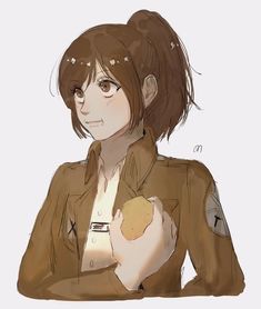 a drawing of a woman with her hand on her chest, wearing a brown jacket