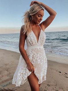 Lace Beach Dress, Beach Looks, 파티 드레스, Summer Sundress, Sleeveless Dresses, Backless Mini Dress, White Off Shoulder, Floral Lace Dress, Open Back Dresses