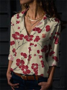 Lasaky - Stylish Long-Sleeve Shirt with Floral Plant and Animal Print Design Lino Art, Animal Print Design, Floral Handbags, Flowy Blouse, Printed Sleeves, Red Blouses, Fashion Prints, Cherry Blossom, Animal Print