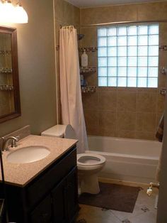 a bath room with a toilet a sink and a bath tub next to a window