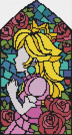 This listing is for a cross stitch pattern featuring the famous Princess Peach mural from Super Mario! Digital patterns include: -1 stitch chart in black and white -1 stitch chart in color -A color key with DMC floss colors, the yardage needed, and number of stitches This pattern is drafted on 14-stitch fabric/Aida. Approximate size of the entire pattern is 5.1x9.6". Digital files are copyright of Bitlings. By purchasing a digital file you agree not to copy or redistribute it. Super Mario Alpha Pattern, Stain Glass Pixel Art, Princess Peach Cross Stitch Pattern, Princess Peach Cross Stitch, Princess Peach Pixel Art, Peach Pixel Art, Pixel Art Templates Pattern, Minecraft Pixel Art Grid, Mario Cross Stitch Pattern