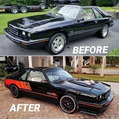 before and after photos of a black car with orange stripes on the hood, side by side