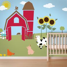 a child's room with farm animals and barn wall decals on the walls