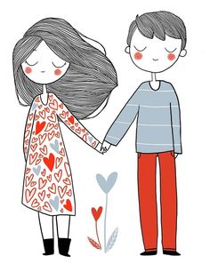 a boy and girl holding hands with hearts on them