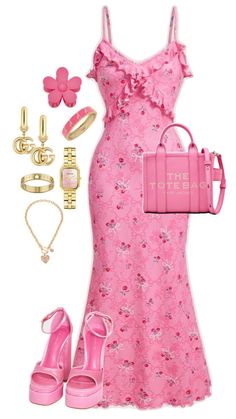 From the vibrant, bubblegum pink fabric to the figure-flattering silhouette, this dress is all about making a bold statement. Paired with sky-high heels, sparkling accessories, and a sleek hairstyle, it's the ultimate fusion of playful and chic. Ready to turn heads and live life in full Barbie mode! 💌🌸 #barbie #pink #aesthetic #fashion #outfits Pink Summer Outfits Casual, Collage Dress Outfit, Bubblegum Pink Outfit, Barbie Core Outfit, Pink Aesthetic Fashion, Barbiecore Outfit, Sleek Hairstyle, Pink Glam