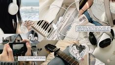 there is a collage of photos with music and headphones on it, including an image of a woman playing the guitar