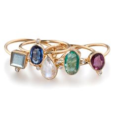 Semi precious stone ring with diamond accents. Shown left to right: labradorite, kyanite, moonstone, emerald, and rhodolite. Each ring will vary slightly in stone shape, size and color. Crafted in 14k yellow gold. Made in India. Sold individually. Made to order: allow 6-8 weeks to produce. Necklace Length Guide, Precious Stones Rings, Diamond Wedding Rings Sets, Gem Diamonds, Ring With Diamond, Gem Ring, Ladies Diamond Rings, Single Stone, Semi Precious Stone