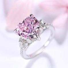 Heart Cut Therr-Stone Pink Lab Grown Diamond Engagement Ring 5.0 CTW w – Huge Tomato Pink Diamond Ring, Heart Diamond, Lab Grown Diamonds Engagement, Heart Shaped Diamond, Pink Ring, Stone Engagement, Stone Heart, Engagement Ring Wedding Band, Pink Stone