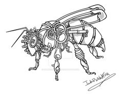 a drawing of a bee with gears attached to it's back legs and wings