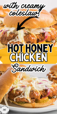 Nashville hot honey chicken sandwich on a plate. Fried Chicken Sandwich With Coleslaw, Nashville Chicken Sandwich Recipe, Crispy Chicken Sandwich Sauce, Nashville Honey Hot Chicken, Breaded Chicken Sandwich, Chicken Sandwich Ideas, Hot Honey Chicken Sandwich, Hot Honey Fried Chicken, Honey Chicken Sandwich