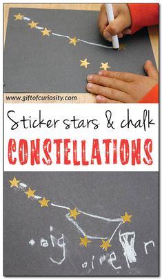 a child's hand writing stars and chalk on a blackboard with the text stickers stars & chalk constellations