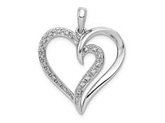 Rhodium over 14k white gold 0.11 cttw diamond heart pendant. Measures approximately 1 1/8"L x 7/8"W and has a 2mm bail. Silver Heart Pendant Diamond Necklace With Accents, Silver Diamond Accented Heart Pendant Necklace, Silver Diamond Necklace With Heart Pendant, Sterling Silver Heart Pendant With Pave Setting, Diamond Heart Pendant With Pave Setting, Sterling Silver Heart Pendant Jewelry With Pave Setting, White Gold Diamond Necklace With Open Heart Accents, Sterling Silver Open Heart Jewelry With Vvs Clarity, Double Heart Jewelry With Pave Setting For Anniversary