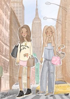 two girls standing in the middle of a city street with their hands behind their backs