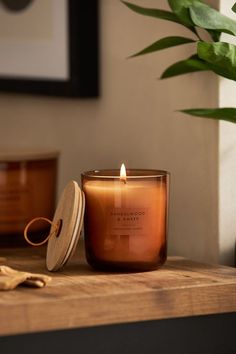 a candle sitting on top of a wooden table next to a potted plant