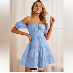 Nwt New Shein Sbetro Size Small Blue Off Shoulder Frill Trim Layered Hem Dress Vestidos Country, Layered Hem Dress, Blue Beach Dresses, Cute Blue Dresses, Blue Ruffle Dress, Blue Sundress, White Ruffle Dress, Baby Blue Dresses, Blue Dress Short