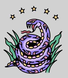 a drawing of a purple snake with stars around it's neck and tail, on a gray background