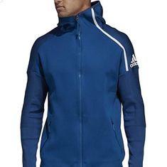 Nwt Men's Size Xl Adidas Zne Primeknit Zippered Hoodie. It Has 2 Front Zip Pockets And A Double Zipper Down The Front. Blue Sporty Hooded Jacket For Cold Weather, Sporty Blue Hooded Jacket For Cold Weather, Blue Sportswear Hooded Winter Jacket, Blue Hooded Winter Jacket With Ribbed Cuffs, Adidas Winter Track Jacket With Ribbed Cuffs, Blue Winter Track Jacket With Drawstring Hood, Navy Sportswear Track Jacket For Winter, Blue Adidas Sportswear Hoodie, Adidas Blue Hoodie Sportswear