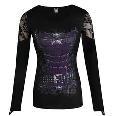 Punk Skull Cross Print Lace Patchwork O Neck Slim Fit Sexy Top Tees Shirt Gothic Long Sleeve Halloween Tops, Gothic Long Sleeve Tops For Halloween, Lace Patchwork Tops For Night Out In Fall, Emo Long Sleeve Tops For Fall, Edgy Long Sleeve Halloween Tops, Black Long Sleeve Tops With Lace Patchwork, Black Long Sleeve Top With Lace Patchwork, Emo Long Sleeve Tops, Gothic Long Sleeve Winter Tops