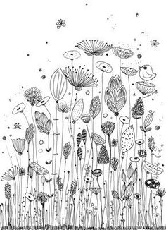 a black and white drawing of flowers in the grass