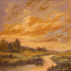 an oil painting of a sunset over a river