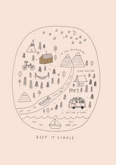 a drawing of a camper in the middle of a forest with trees and mountains