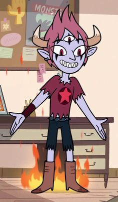 a cartoon character standing in front of a desk with fire coming out of the fireplace