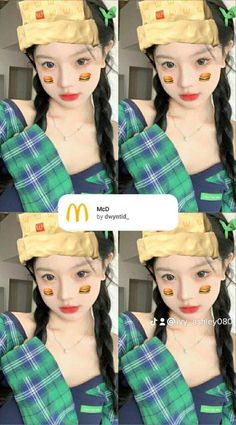 four pictures of a woman wearing a hat with mcdonald's stickers on her forehead