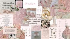 a collage of pink and white images with words on them, including roses, dresses, perfume bottles, books, and other items