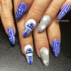 Bb8 Nail Designs, R2d2 Nail Art, Back To The Future Nail Art, Geeky Nail Art, May The 4th Nails, Star Wars Nails Acrylic, Star Wars Nail Ideas, Tron Nails, Star Wars Nails Simple