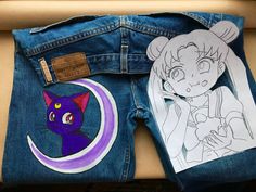 "Sailor Moon - jeans art - festive clothing- jeans with hand-painted - art on jeans - portrait- women's jeans - vintage jeans - OLD NAVY - L We will make similar jeans for you in any size on request jeans in stock! jeans are available to order! Vintage OLD NAVY - L 100% cotton measuring jeans: waist inches (half volume) length inches thighs inches (half volume) Under the order we will draw any drawings on jeans. Any size jeans of your choice. Write us a personal message and we will discuss every Artistic Hand Painted Denim Jeans, Art On Jeans, Moon Jeans, Jean Painting, Graffiti Clothing, Sailor Moons, Vintage Jeans Mens, Jeans Art, Diy Outfits