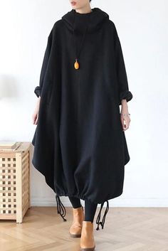 Drawstring Irregular Hem Casual Cotton Dress Hooded Outfits Women, Loose Fitted Dress, Nonbinary Party Outfit, Black Out Outfits, Maxi Dress Fall Outfit, Solarpunk Outfit, Asymmetrical Fashion, Maxi Dress Fall, Shapeless Dress