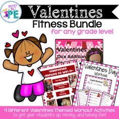 valentine's day fitness bundle for any grade level with pictures and text on it