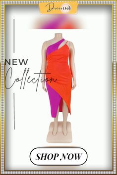 Color Matching Skew Collar Sleeveless Plus Size Dress Orange Sleeveless Stretch Dress, Sleeveless Stretch Orange Dresses, Chic Multicolor Sleeveless Midi Dress, Orange Sleeveless Stretch Midi Dress, Sleeveless Stretch Orange Midi Dress, Color Pick, Plus Size Dress, 1 Million, Ankle Length