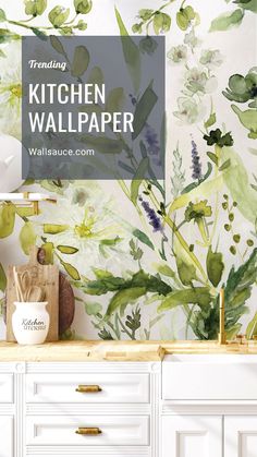 a kitchen wallpaper with flowers and plants painted on it