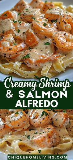 creamy shrimp and salmon alfredo is an easy dinner that's ready in less than 30 minutes