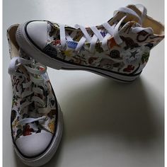 New Converse Animals Size 1 1/2 White High-top Sneakers With Cartoon Print, Casual White Sneakers With Cartoon Print, Casual White Sneakers With Character Print, White Low-top Sneakers With Cartoon Print, White Character Print Sneakers For Streetwear, White Fun Custom Sneakers With Round Toe, Fun White Custom Sneakers With Round Toe, Fun Low-top Sneakers With Cartoon Print, White Canvas Shoes With Rubber Sole