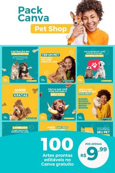 an ad for pet shop with dogs and cats on the front, in blue and yellow colors