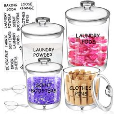 three glass containers filled with different types of laundry powder and other things labeled in each container