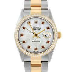 SKU#: 16013-WMOP-RBY-AM-BDS-OYSPre-Owned Rolex 16013 Men's 36mm Datejust Watch, Custom White Mother of Pearl Ruby Dial & Custom 1ct Diamond Bezel on Rolex Yellow Gold & Stainless Steel Oyster Band Model#: 16013 Case: Rolex 36mm Stainless Steel Case Movement: Rolex Automatic 3035 Caliber Dial: Custom White Mother of Pearl Dial with Ruby Hour Markers (Not Made by Rolex) Bezel: Custom 1ct Diamond Bezel (Not Made by Rolex) Band: Rolex Yellow Gold & Stainless Steel Oyster Band This Beautiful Watch Co Luxury White Diamond Watch With Date Display, White Luxury Diamond Watch With Date Display, White Diamond Chronograph Watch, White Diamond Chronometer Watch, White Diamond Watch With Chronograph, White Diamond Watch With Chronometer, White Diamond Watch With Date Display For Anniversary, White Diamond Watch With Date Display, White Watch With Date Display For Anniversary