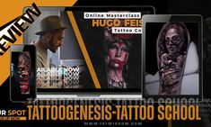 an advertisement for tattoo school with images of people on their laptops and in front of them